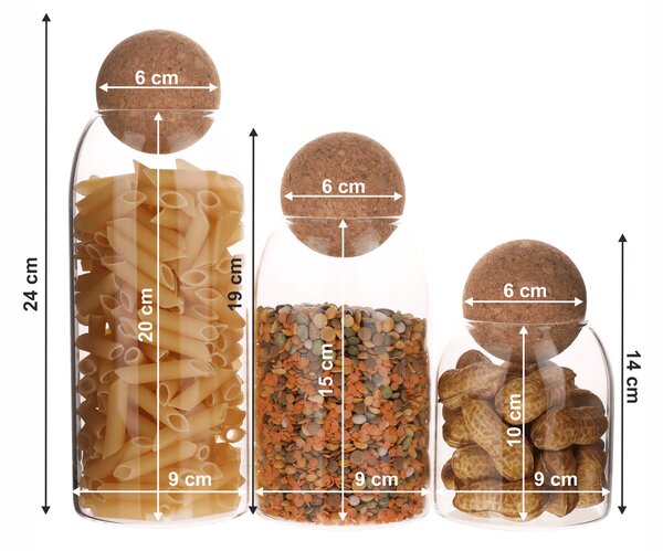 TEMPO-KONDELA LORZA, skleněné dózy, set 3 ks, se zátkou, sklo/korek