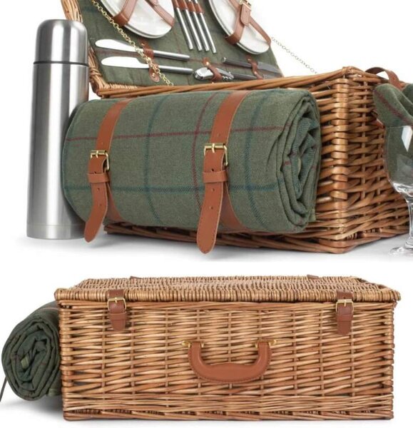 Willow Direct Piknikový koš GREEN DELUXE proutěný pro 4 osoby s dekou