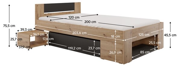 KONDELA Postel s úložným prostorem, 120x200, dub artisan/antracit, UNIS