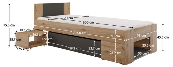 KONDELA Postel s úložným prostorem, 90x200, dub artisan/antracit, UNIS