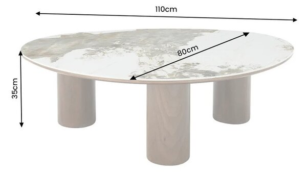 Moderní mramorový oválný konferenční stolek Curvy s šedobílou keramickou deskou a ořechovou hnědou podstavou 110 cm