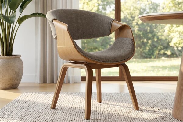 Designová moderní jídelní židle Norwich se světlou hnědou konstrukcí s organickými tvary a šedým čalouněním 55 cm