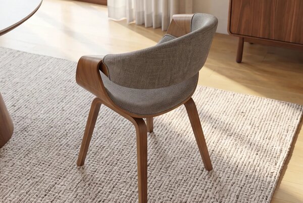 Designová moderní jídelní židle Norwich se světlou hnědou konstrukcí s organickými tvary a šedým čalouněním 55 cm