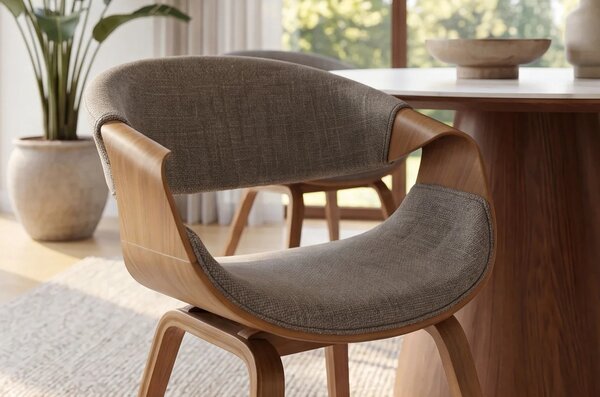 Designová moderní jídelní židle Norwich se světlou hnědou konstrukcí s organickými tvary a šedým čalouněním 55 cm