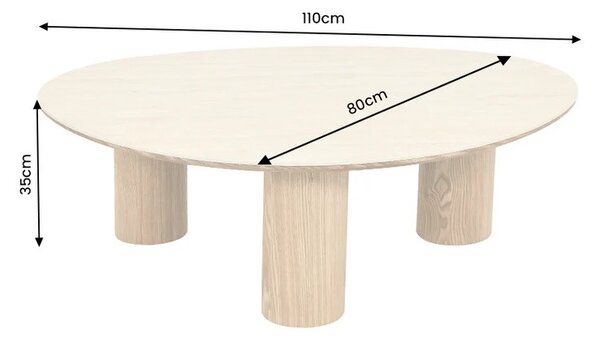 Skandinávský oválný konferenční stolek Curvy s béžovou travertinovou deskou organického tvaru a dubovým hnědýma nohama 110 cm
