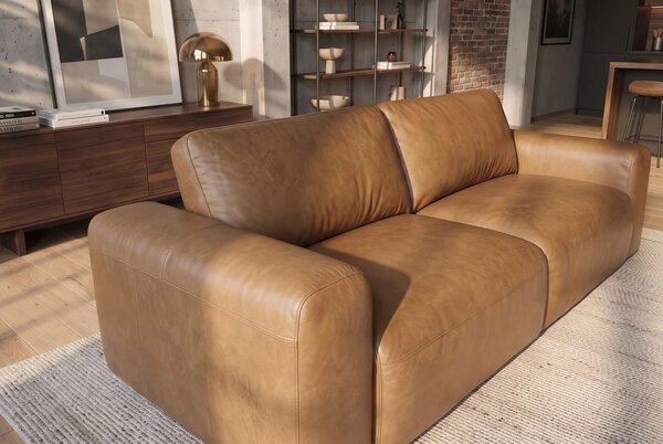 Luxusní moderní dvoumístná sedačka Jorge s čalouněním a potahem z pravé kůže v koňakové hnědé barvě 205 cm