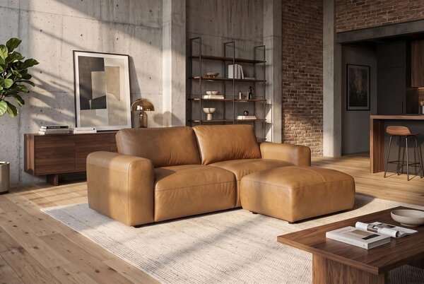 Luxusní moderní dvoumístná sedačka Jorge s čalouněním a potahem z pravé kůže v koňakové hnědé barvě 205 cm