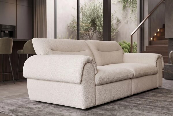 Moderní buklé čtyřmístná sedačka Sadie se světlým krémovým béžovým potahem a minimalistickým prošíváním 245 cm