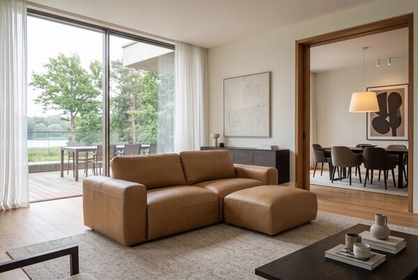 Luxusní moderní dvoumístná sedačka Jorge s čalouněním a potahem z pravé kůže v koňakové hnědé barvě 205 cm