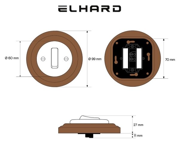 Elhard - Keramický retro jednoduchý vypínač s rámečkem č. 1 černá/tmavé dřevo