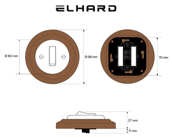 Elhard - Keramický retro jednoduchý vypínač s rámečkem č. 1 bílá/tmavé dřevo