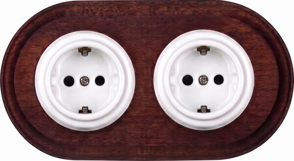 Elhard - Dvojitá keramická retro zásuvka domovní s rám SCHUKO 230V bílá/dřevo