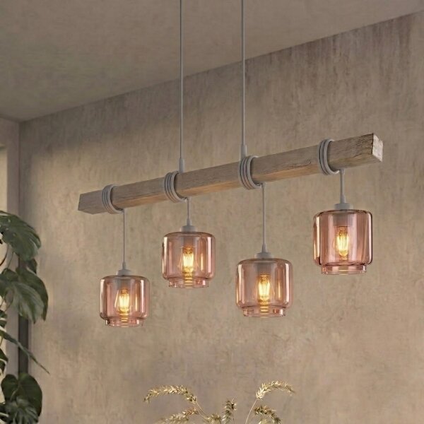 BRILAGI - Lustr na lanku WOOD GLASS 4xE27/60W/230V borovice/šedá/kouř béžová
