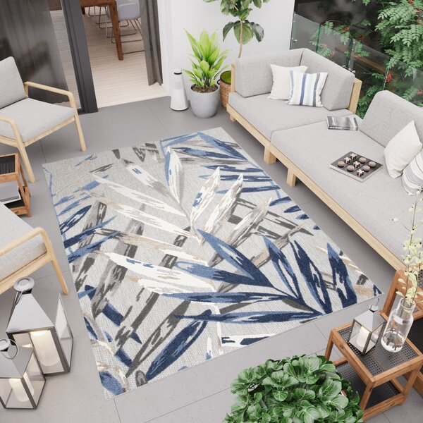Makro Abra Moderní kusový koberec AVENTURA EC68C Listy palmy modrý šedý Rozměr: 80x150 cm