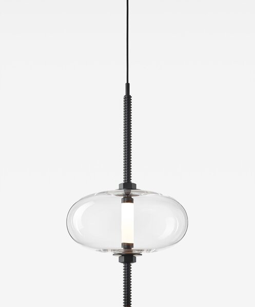 Brokis Designové LED závěsné svítidlo Under pressure most PC1390 Povrch Montury: Broušená bronz lak, Barva skla: Šedá kouřová - transparentní sklo, Baldachýn: Broušená černá lak