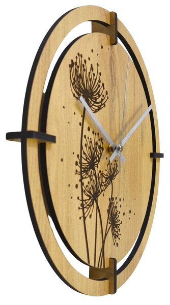 Dřevěné hodiny s gravírovanými pampeliškami | LEIKA: HDF - Zlatý Dub 30 cm 4807-115504 HDF0704-ruky-silver