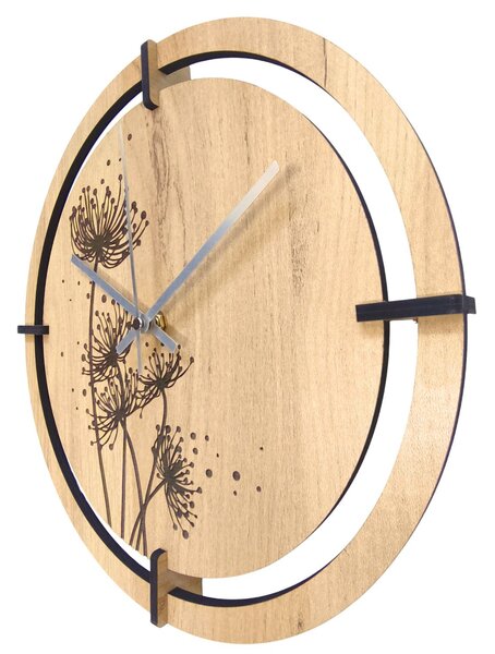 Dřevěné hodiny s gravírovanými pampeliškami | LEIKA: HDF - Zlatý Dub 30 cm 4807-115504 HDF0704-ruky-silver