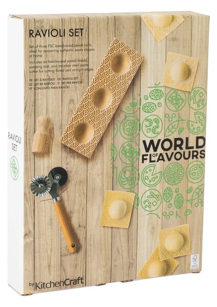 Sada na výrobu raviol KitchenCraft World of Flavours, 3 ks, dřevěná forma a nerezové rádýlko WFRAVIOLI3PC