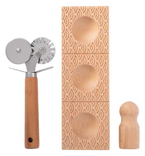 Sada na výrobu raviol KitchenCraft World of Flavours, 3 ks, dřevěná forma a nerezové rádýlko WFRAVIOLI3PC