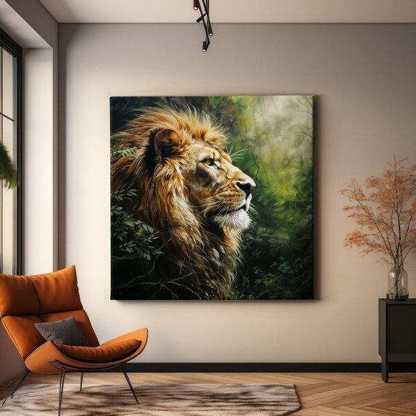 Obraz na plátně - Lev, portrét v pralese, Králové divočiny FeelHappy.cz Rozměr (Šířka/Výška): 40 x 40 cm