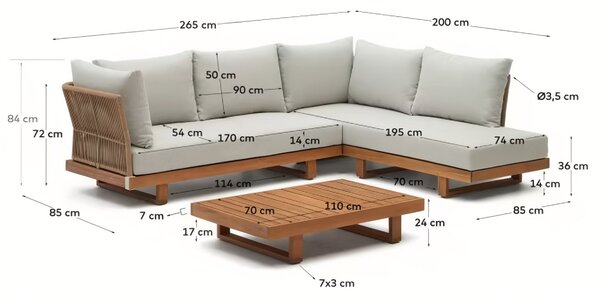 Zahradní set šedé látkové pohovky a akátového konferenčního stolku Kave Home Raco