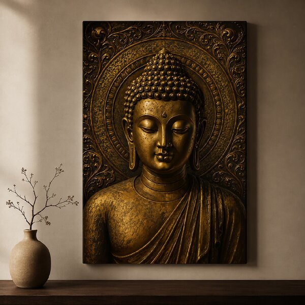 Obraz na plátně - Buddha starozlatá hlava FeelHappy.cz Rozměr (Šířka/Výška): 30 x 40 cm