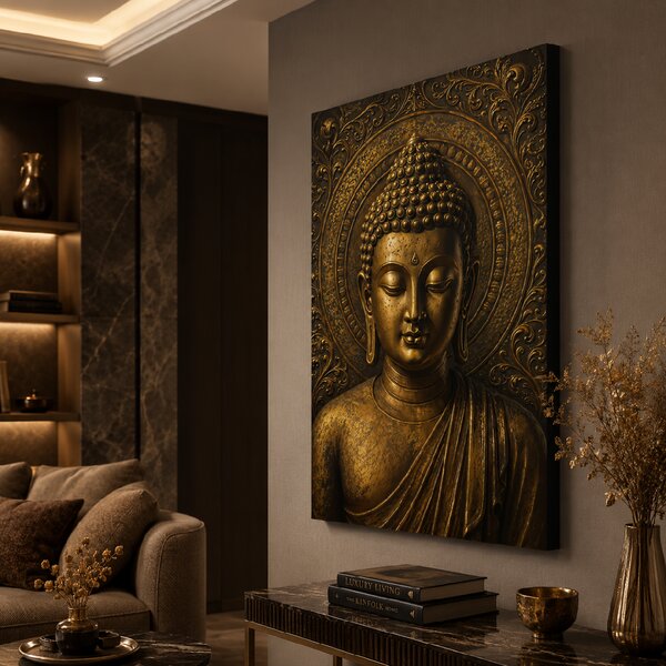 Obraz na plátně - Buddha starozlatá hlava FeelHappy.cz Rozměr (Šířka/Výška): 30 x 40 cm