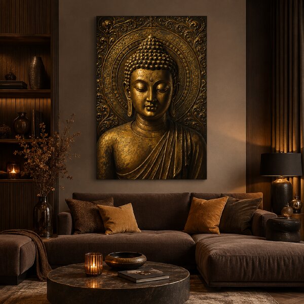 Obraz na plátně - Buddha starozlatá hlava FeelHappy.cz Rozměr (Šířka/Výška): 30 x 40 cm