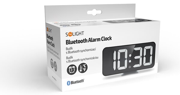 SOLIGHT Digitální hodiny s Bluetooth synchronizací, LED displej, teploměr, budík, černé