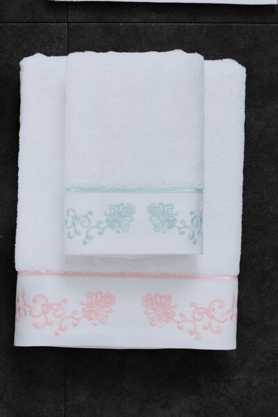 Malý ručník DIARA 30 x 50 cm - Bílá / mentolová výšivka, Soft Cotton