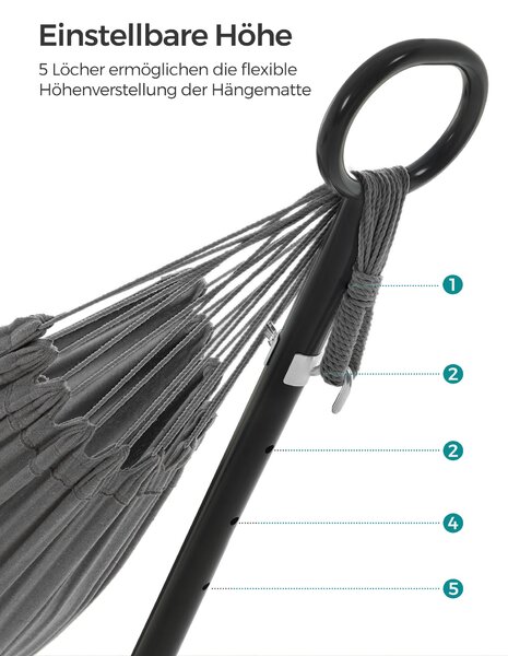 Houpací síť s 5 různými výškami nastavitelná, s kovovým rámem, šedá
