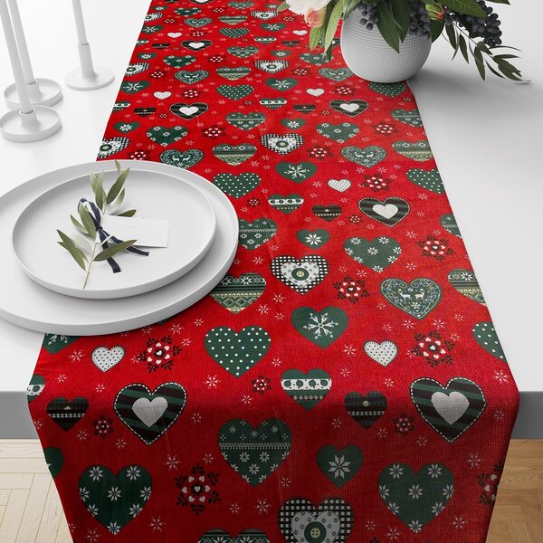 Ervi bavlněný běhoun na stůl - Vánoční - srdíčka na červeném - Erviplas