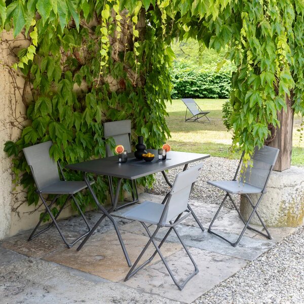 Sada BALCONY II – skládací stůl 120×70 cm + 4 ultra kompaktní židle | ColorBlock šedá Terre