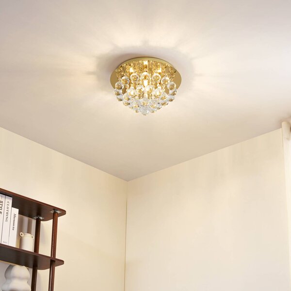 Lindby Stropní svítidlo Gillion, 4 světla, zlatá barva, křišťál, Ø 35 cm, stmívatelný, Mosaz / zlato, Obývací pokoj / jídelna, Křišťál, Design