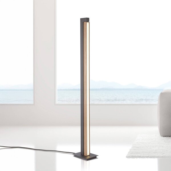 PURE LED stojací lampa Lines, černá, dřevo, dálkové ovládání, 140 cm, stmívatelný, Světlé dřevo, Obývací pokoj / jídelna, Dřevo