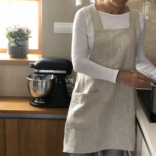 Aesthetic Lněná zástěra šatová s kapsami - Přírodní světlá (Oatmeal)