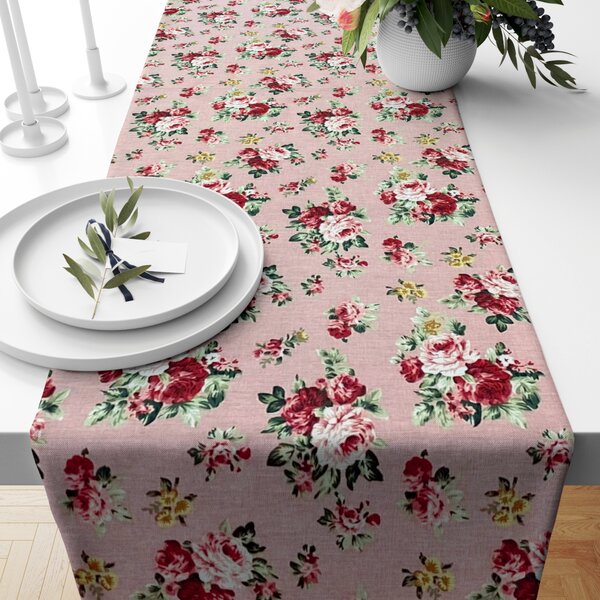 Ervi bavlněný běhoun na stůl - růžičky na růžovém - Erviplas