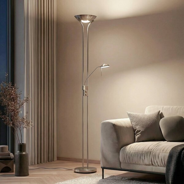 Lindby LED stojací lampa Josefin, nikl, světlo na čtení, stmívatelné, stmívatelný, Hliník / šedá / zinek, Obývací pokoj / jídelna, kov, Moderní, Lampička na čtení