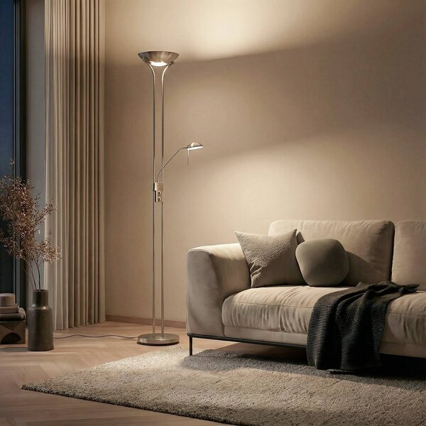 Lindby LED stojací lampa Josefin, nikl, světlo na čtení, stmívatelné, stmívatelný, Hliník / šedá / zinek, Obývací pokoj / jídelna, kov, Moderní, Lampička na čtení