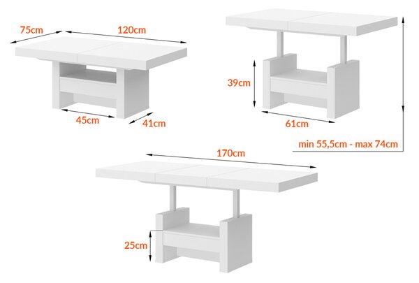 Konferenční stolek AVERSA LUX (šedá mat/bílá lesk) (Moderní konferenční stolek s výsuvem a rozkladem ve vysokém lesku)