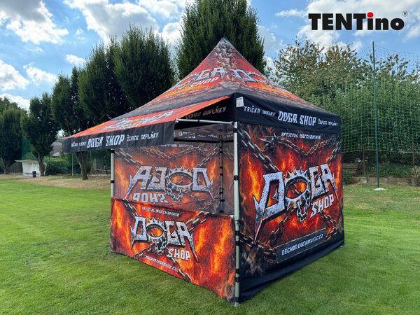 TENTino SET - Nůžkový párty stan 3x3 m EXTRA HIGH ROOF s jednostranným potiskem Typ konstrukce: BIG HEXAGON S VYŠŠÍ ŠPICÍ, Rozsah potisku: pouze střecha, Plachtovina - gramáž: polyester 230 g/m2