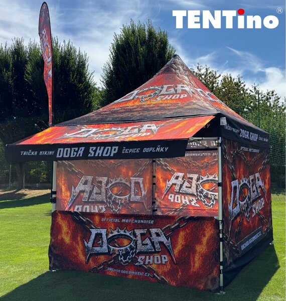 TENTino SET - Nůžkový párty stan 3x3 m EXTRA HIGH ROOF s jednostranným potiskem Typ konstrukce: BIG HEXAGON S VYŠŠÍ ŠPICÍ, Rozsah potisku: pouze střecha, Plachtovina - gramáž: polyester 230 g/m2