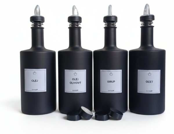 Sada 4 ks skleněných lahví VILO 500 ml černá matná s čirou nálevkou – OLEJ, OLIVOVÝ OLEJ, OCET, SIRUP