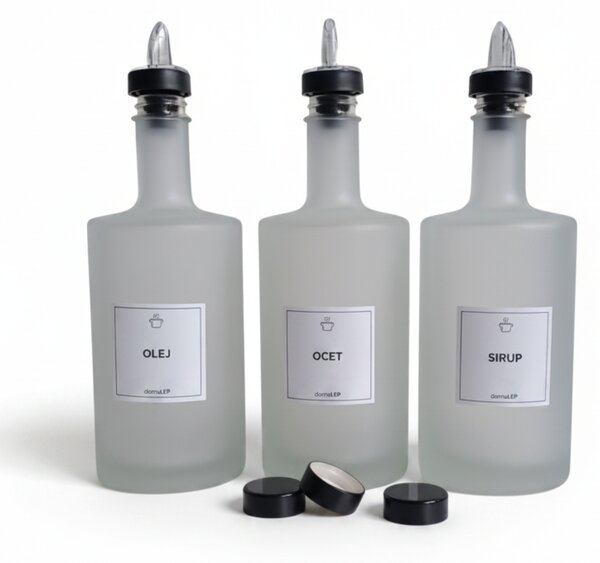 Sada 3 ks skleněných lahví VILO 500 ml bílá mléčná s čirou nálevkou – OLEJ, OCET, SIRUP