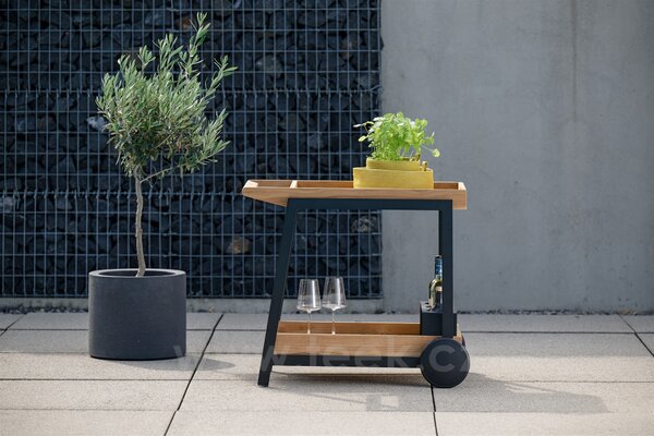 Stern Servírovací vozík Frido, Stern, 90x59x77 cm, rám lakovaný hliník black matt, desky teak, včetně koleček a držáku na lahve
