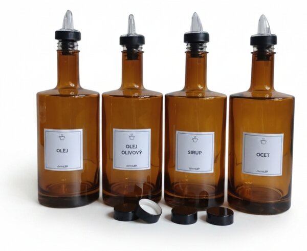 Sada 4 ks skleněných lahví VILO 500 ml hnědá s čirou nálevkou – OLEJ, OLIVOVÝ OLEJ, OCET, SIRUP