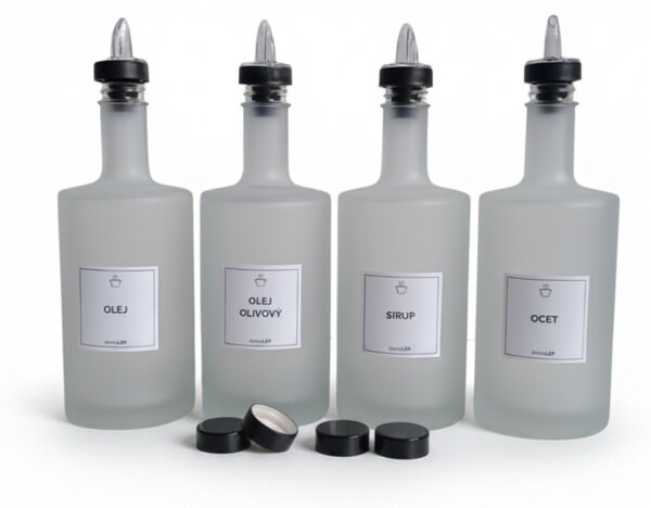Sada 4 ks skleněných lahví VILO 500 ml bílá mléčná s čirou nálevkou – OLEJ, OLIVOVÝ OLEJ, OCET, SIRUP