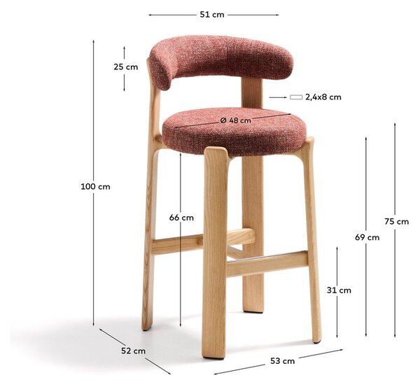 Barová židle z jasanového dřeva v terakotové barvě/ve světle přírodní barvě (výška sedáku 75 cm) Granite – Kave Home