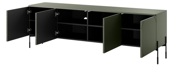 Moderní TV skříňka Sonatia 200 cm se čtyřmi dveřmi na kovových nohách - olivová