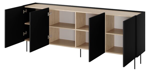 Moderní komoda Desin 220 cm čtyřdveřová - černá matná / dub nagano